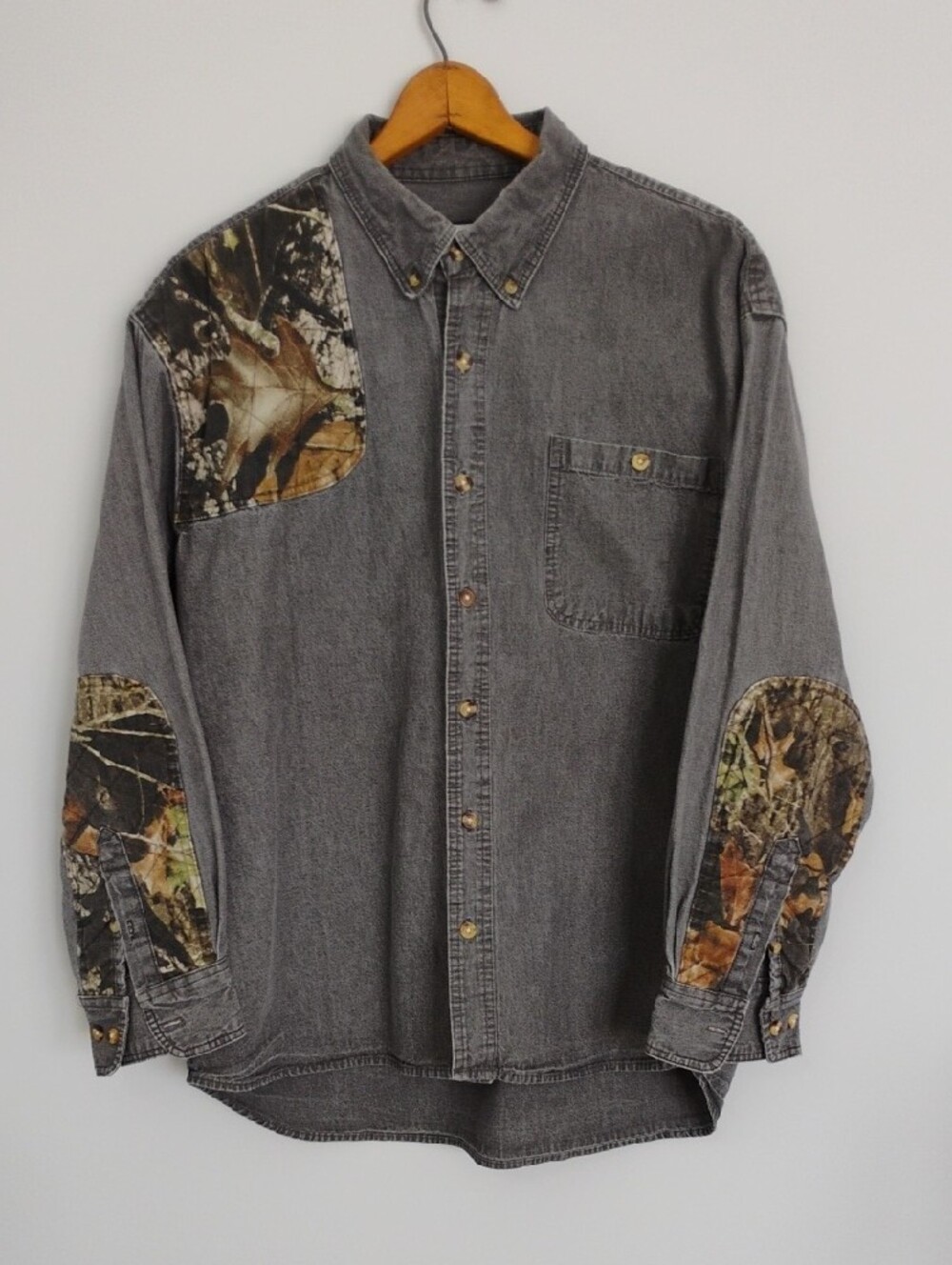 Vintage Konka Camo Heavy Gray Denim Hunting Shirt Gorpcore Outdoor Utility - XL